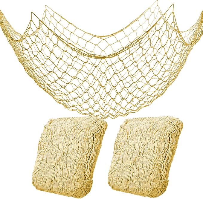 2 Pack Fish Net Decorations for Party,Natural Cotton Hawaiian Party Fishing Net Decorative, Nautical Themed Cotton Fishnet Under The Sea Pirate Ocean Beach Decor