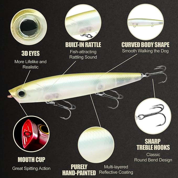 LUCKY CRAFT Gunfish 95 3 Hook Freshwater Fishing Lures and Bait for Bass Fish, Topwater Fish Line, Surface Bait with Treble Hooks, Fishing Gear for Tackle Box