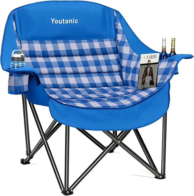Youtanic Oversized Extra Large Padded Camping Chair, Heavy Duty 400 lbs Foldable Lawn Chair, Ergonomic Outdoor Seat with Plaid Design, Cup Holders & Storage Pockets for Fishing, Sports, Blue