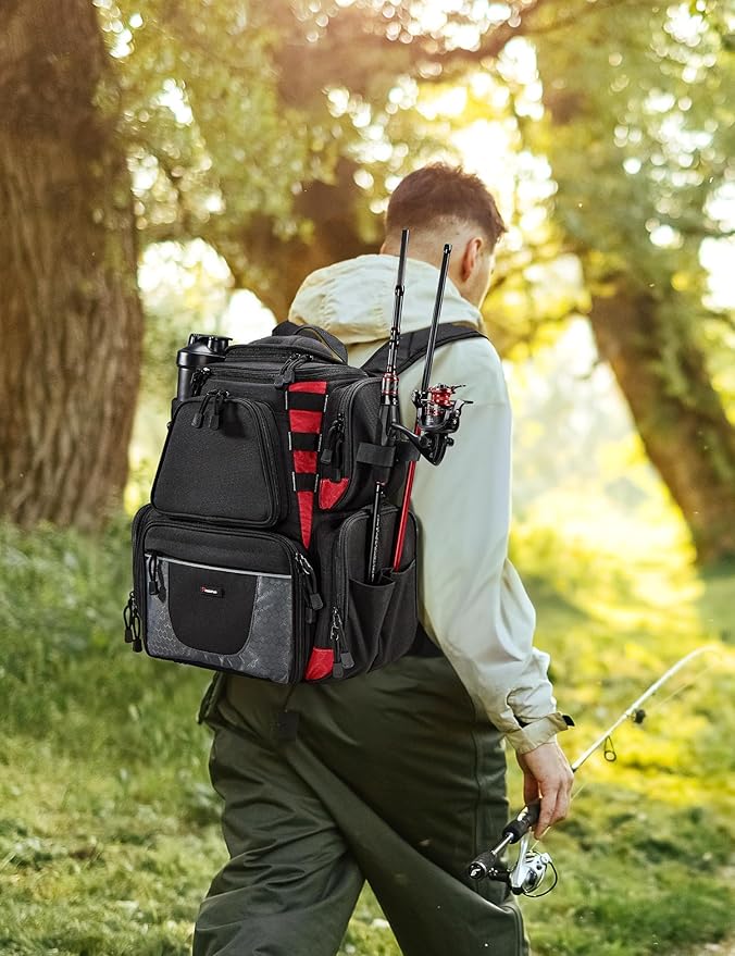 Piscifun Fishing Backpack with 2 Rod Holders & 4 Tackle Boxes, Large Tackle Storage Bag With Rain Cover for Fishing Gear