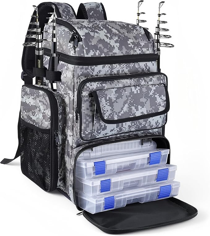 Fishing Tackle Backpack With Rod Holders,45L Large Tackle Bag & Fishing Tackle Backpack for Fishing,Camping, Hiking,Camouflage Gray White