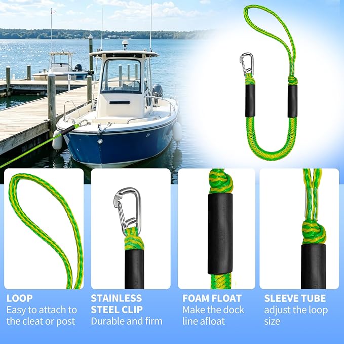 Bungee Dock Line with Stainless Steel Clip – Boat Dock Rope with Foam Float for Kayak, Canoe, Pontoon, Watercraft, SeaDoo, Docking – 4–5.5 ft, 2 Pack（Yellow&Green）