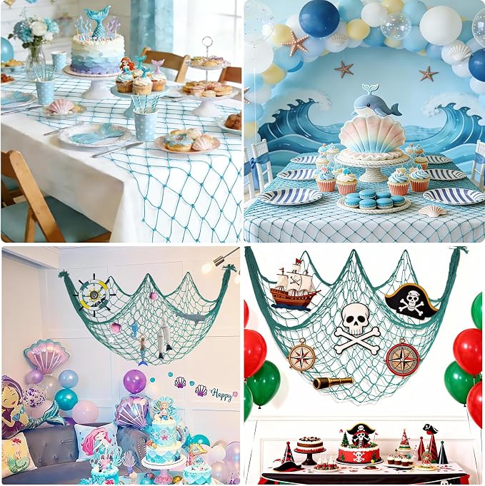 2 Pack Fish Net Decorations - 80x40 Inch Aqua Fishing Net Decor for Under The Sea Hawaiian Beach Themed Party, 3mm Thick Natural Cotton Versatile Nautical Netting for Party Wall Table Ceiling Decor