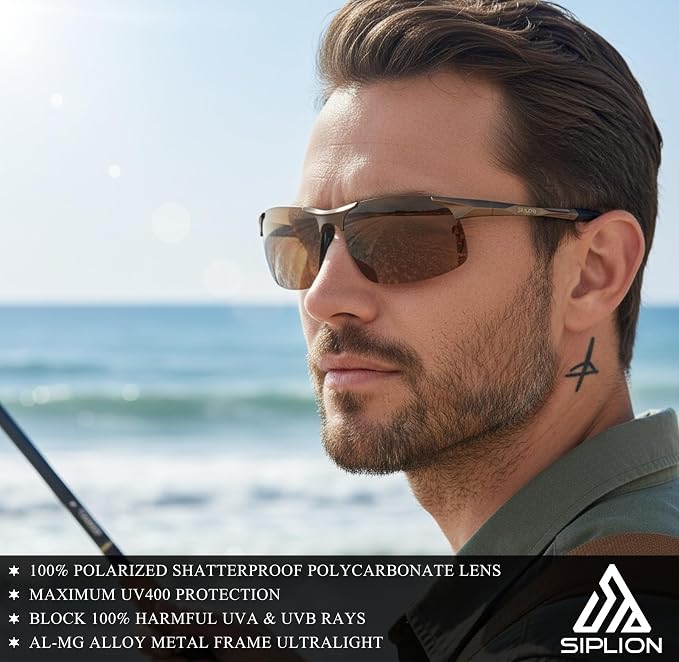 SIPLION Polarized Sunglasses Men Sports: UV Protection Ultra Light Al-Mg Metal Frame Ideal For Driving Fishing Running Golf