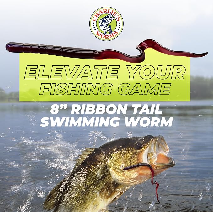 Charlie's Worms Artificial Fishing Bait 8" Ribbon Tail Swimming Worm, Freshwater Saltwater Bass Soft Lures Scented 10pk