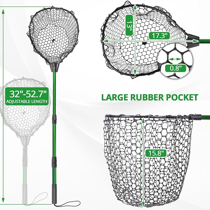 Rubber Fishing Net with Telescoping Handle - High Strength Landing Net for Fishing with Soft Rubber Netting, Two Sizes Options