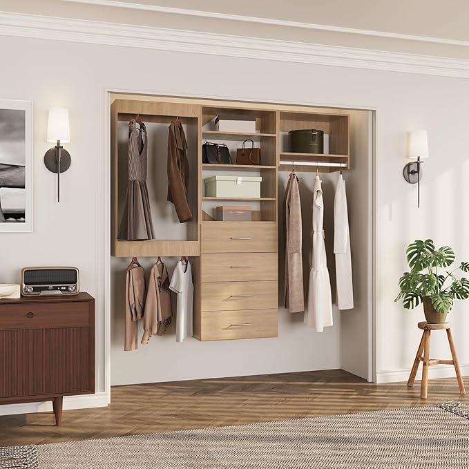 ROOMTEC Modular Closet System, 96" Wall Mounted Closet Organizer with Hanging Rods and Drawers, Modern Wooden Tower for Walk-In Closets, Wardrobe Storage Kit, Wood