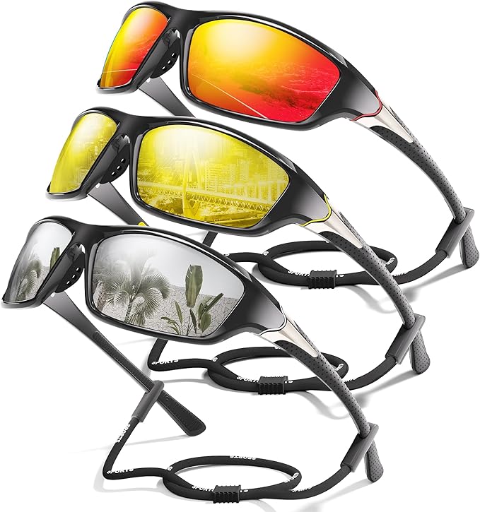 3 Pack Polarized Sports Sunglasses for Men, Mens Sunglasses Wrap Around UV Protection for Cycling Fishing Driving