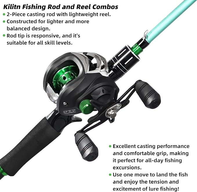 Kilitn Fishing Rod and Reel Combo, Green Color Baitcasting Combo Baitcast Reel, 2-Piece Baitcaster Rod, Durable Fiberglass with Comfortable EVA Handle
