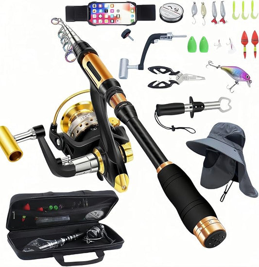 Portable Fishing Spinning Rod and Reel Combo Set Carbon Fiber Fluorescent Rod Tip, with Fishing Lures Line Carrier Bag Kits for Travel Surf Saltwater Freshwater