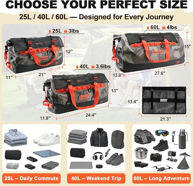 OSAH DRYPAK Waterproof Duffel Bag 25L/40L/60L – Heavy-Duty Motorcycle Tail Bag, Roll-Top Dry Bag for Travel, Camping, Boating, Kayaking, Outdoor Adventure
