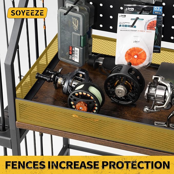 SOYEEZE Fishing Rod Holders for Garage, 3-Tier Fishing Pole Rack with Pegboard and Metal Mesh Fence, Fishing Gear Organizer with Hooks Up to 12 Rods, Rolling Fishing Storage Cart with Lockable Wheels