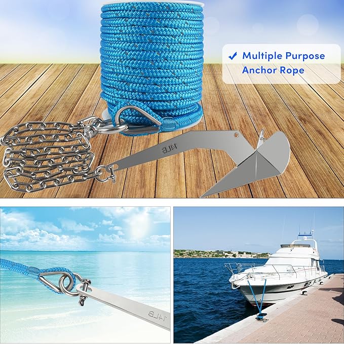 Anchor Rope 150 ft x 1/2 inch Blue, Double Braided Anchor Line with Stainless Steel Thimble & Shackle, Boat Rope with Reflective Strip Ideal for Towing,Mooring,Anchoring,for Boats Up to 35'