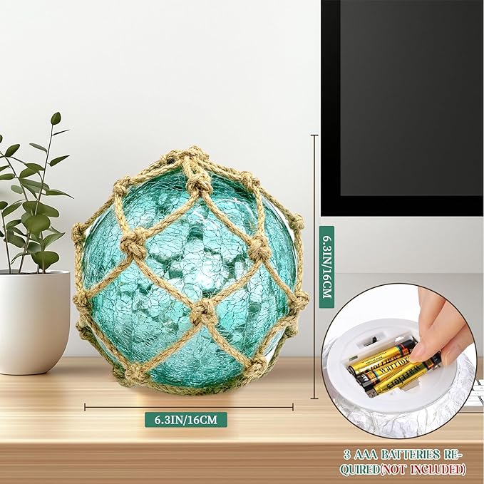 5.91" Green Glass Fishing Float Night Light,Cracked Glass Ball, Battery Powered Nautical Coastal Decor Beach Bathroom Decor (Green)