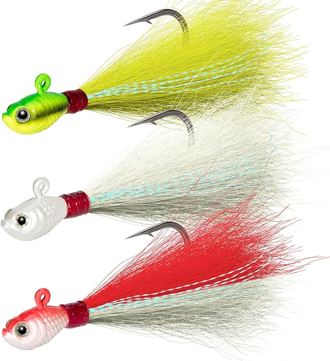 Dr.Fish 3 Pack Bucktail Jig Lure Hair Jig Saltwater Freshwater Lures Surf Fishing Bass Flounder Striper Bluefish Halibut Redfish