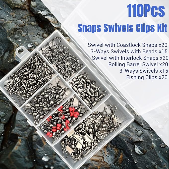 110Pcs Strong Fishing Snap Swivels Kit, Include Rolling Barrel Swivels, Premium 3 Ways Fish Line Connector with Snaps Clips, Fishing Terminal Accessories Tackle Box for Lures Sinkers