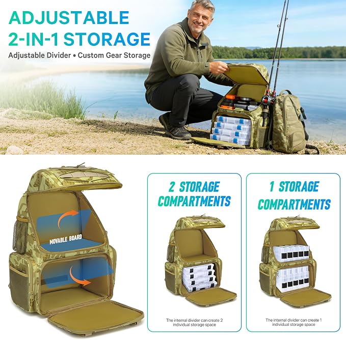 RUCYEN Fishing Backpack, 45L Large Cooler Fishing Tackle bag with Rod Holders & Rain Cover, Water-resistant Store Gear (Khaki Camo(With 4 Tackle Boxes))