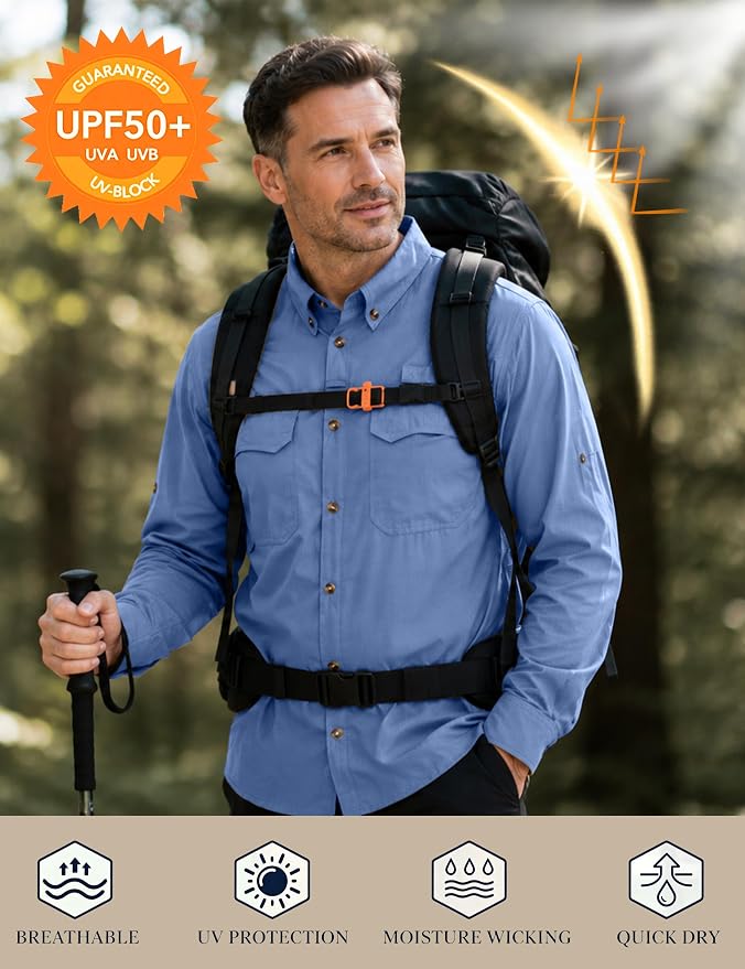 Roadbox Men's Sun Protection Fishing Shirt, Long Sleeve Cool Dry Lightweight UPF 50+ Shirts for Hiking Safari Camping Travel