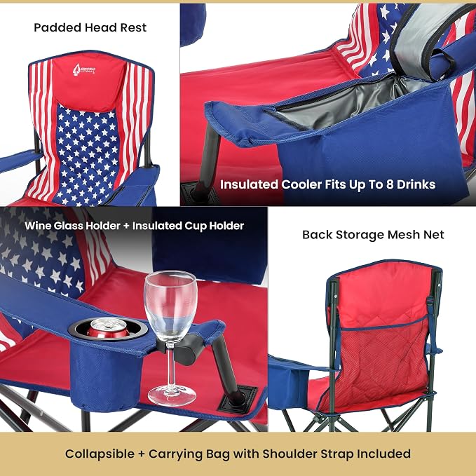 ARROWHEAD OUTDOOR 2-Pack Portable Deluxe Folding Camp Quad Chair w/Headrest, Glass & Cup Holders, Armest 6-can Cooler, Heavy Duty Carry Bag, 550 lbs Weight Capacity