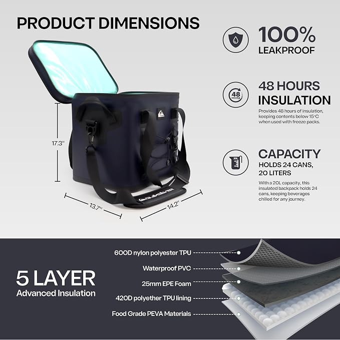 Quiksilver Welded Bungee Backpack Cooler, 30L/36 Cans, 48-72 Hours Insulation, Leakproof & Waterproof IPX7 Rated, Heavy-Duty 600D TPU, Adjustable Straps