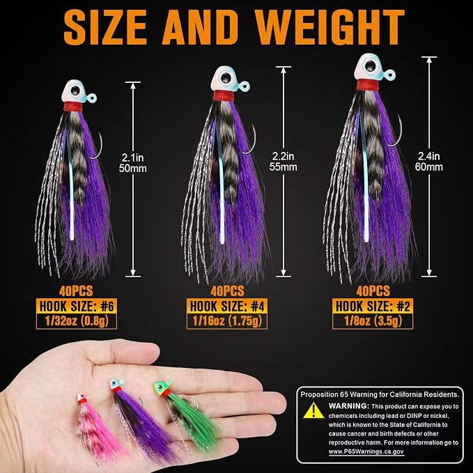Dovesun Crappie Jigs, 40pcs Hand-Tied Hair Jigs 10 Colors Fishing Jigs 1/32oz 1/16oz 1/8oz Bucktail Crappie Jig Heads for Trout, Walleye and Panfish Fishing