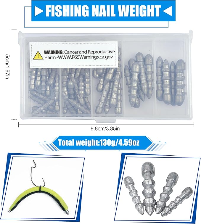 50pcs Fishing Nail Weights Kit Insert Sinkers Wacky Worm Weights for Bass Fishing Soft Plastic Lures Nail Sinkers Wacky Rig Neko Rig Insert Pencil Sinker Weight Kit 4 Sizes