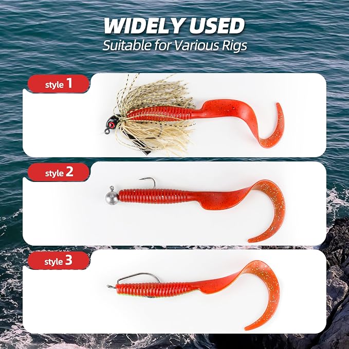 Curly Style Tail Worms Fishing Lures – Realistic Wavy Tail Soft Bait Grub Swimbaits for Saltwater & Freshwater Fishing, Available in 4 Inch & 6 Inch, Perfect for Bass, Trout, Crappie, & More