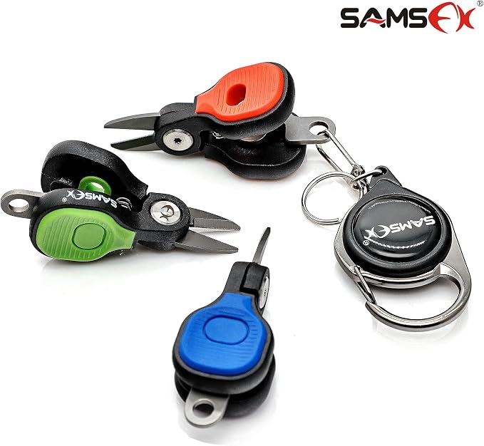 SAMSFX Fishing Nipper with Retractable Tether, Stainless Steel Blades that Cut Braid, Mono and Fluoro Lines, SNIP, Fishing Line Cutters (Green)