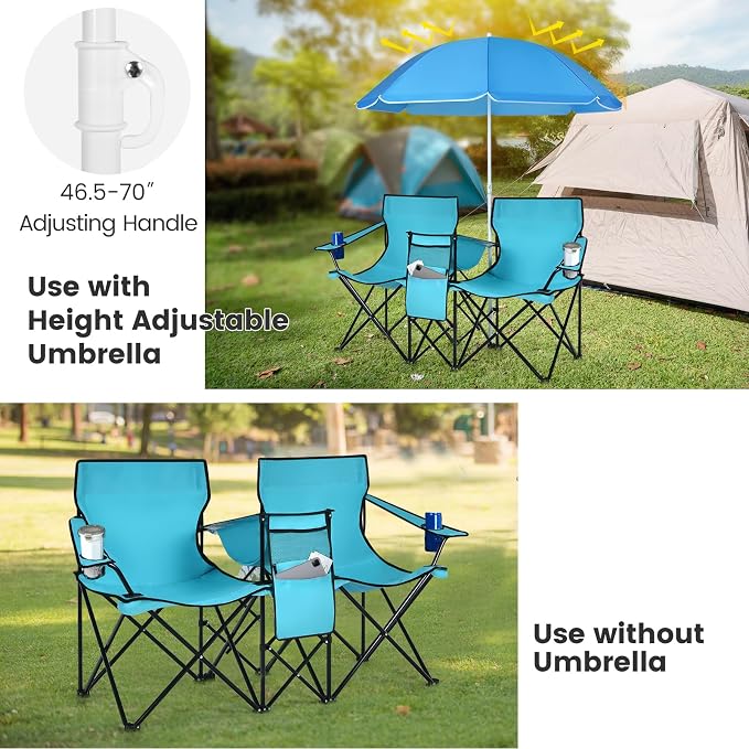 Tangkula Double Camping Chairs with Umbrella, Portable 2 Seat Folding Camp Chair with Cooler Bag, Beverage Holder, Carrying Bag, Foldable Lawn Chair for Outside, Fishing, Picnic, Beach