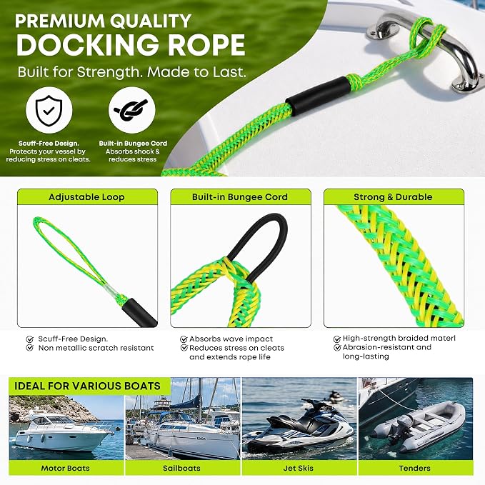 Boat Bungee Dock Lines, Scratch-Free Loop Ends Mooring Rope, Shock Absorbing Pontoon Tie Down Accessories Compatible with Models for Jet Ski（4ft-2 Pack-Green）