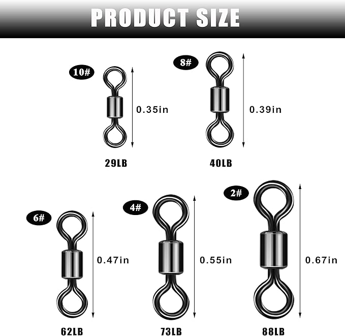 Barrel Fishing Swivels Kit 500pcs Rolling Swivels Fishing Tackle Saltwater Heavy Duty Fishing Line Connectors Black Stainless Steel Bearing Swivels for Saltwater Freshwater 30-97Lbs