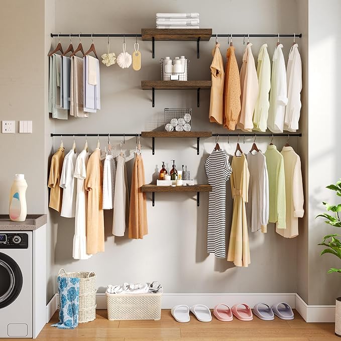 DWVO Closet Organizer System, Wall-Mounted Garment Rack Walk In Closet System, 4 Expandable Hanger Rods 4-Tier Wood Closet Storage Shelves with Backplane, Fits 6-9 ft Space, Black