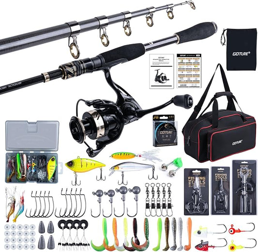 GOTURE Telescopic Fishing Rod and Reel Combos, Carbon Fiber Travel Fishing Pole, 9+1 BB Spinning Reel, Saltwater Freshwater Fishing Gear Kit with Braided Line, Lures, Carrier Bag for Bass Trout