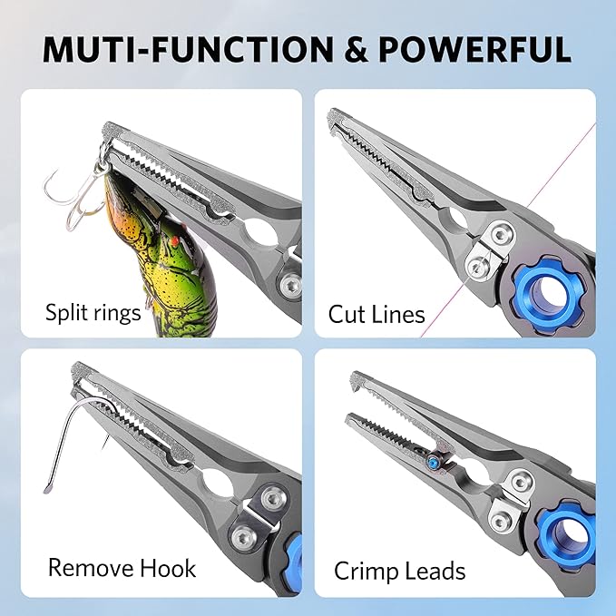 Fishing Pliers Hook Remover, Saltwater Split Ring Pliers with Safety Lock, Fishing Gear with Sheath and Lanyard, Fishing Gifts for Men