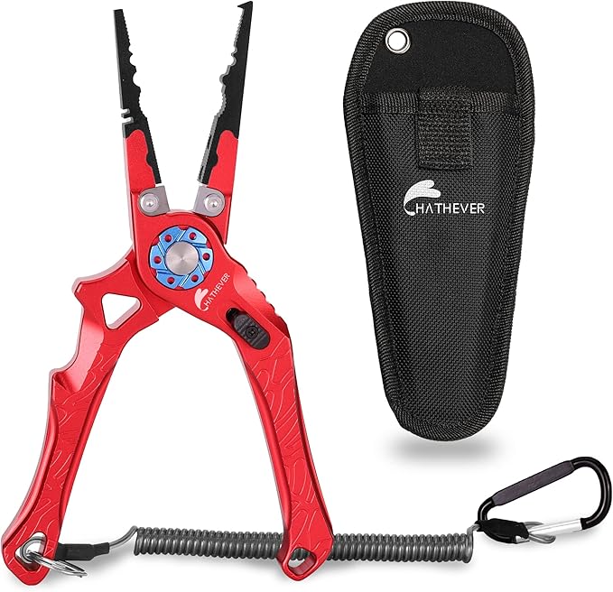 Saltwater Fishing Pliers, Split Ring Pliers for Fishing with Safety Lock, Fish Pliers with Sheath and Lanyard, Fishing Gifts for Men