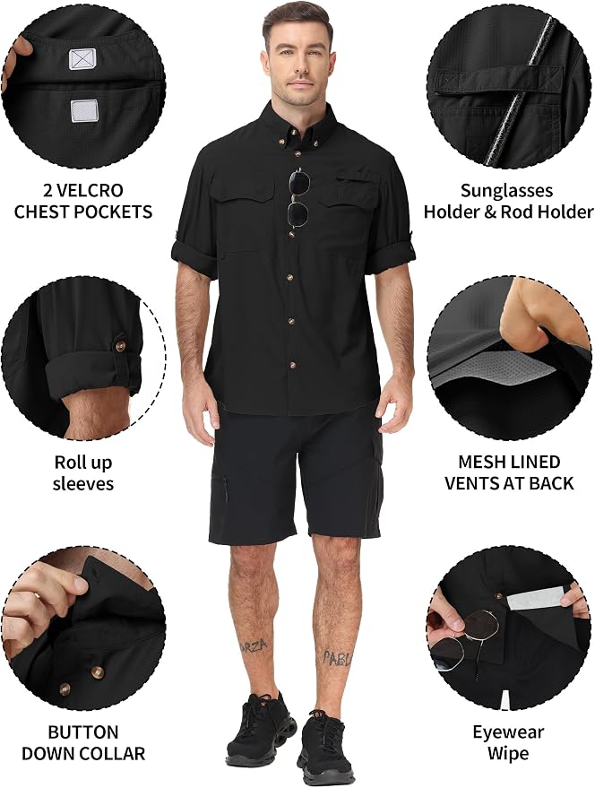 Roadbox Men's Sun Protection Fishing Shirt, Long Sleeve Cool Dry Lightweight UPF 50+ Shirts for Hiking Safari Camping Travel