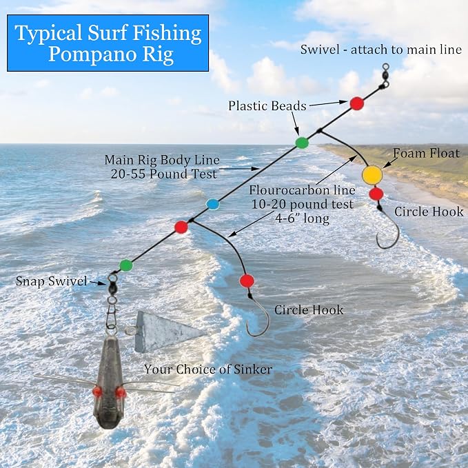 Pompano Rigs Making Kit Surf Fishing Rig Saltwater Fishing Accessories Bottom Rig Parts Pompano Snell Floats Fishing Beads Circle Hooks Fishing Swivels Duo Lock Snaps Pompano Rigs for Surf Fishing