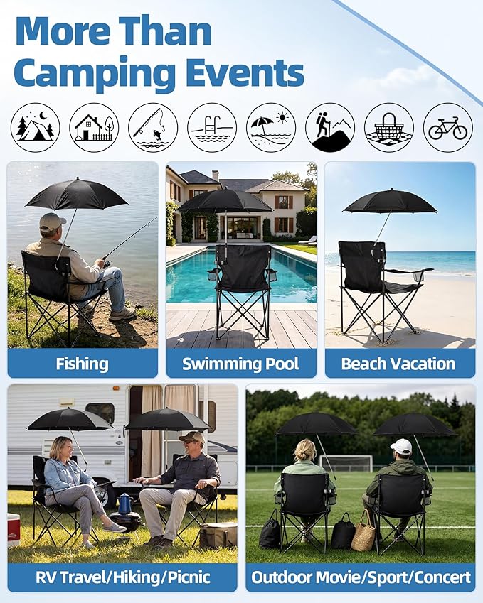 2PCS Camping Chairs with Detachable Umbrella, HaSteeL Folding Beach Chair for Adults, Large Portable Foldable Chair for Outdoors Fishing Hiking Travel Picnic Lawn, Supports 275lbs, Storage Bags, Black