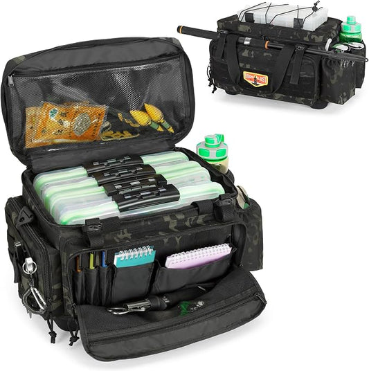 GOBUROS Waterproof Fishing Tackle Bag with Waterproof EVA Bottom (No Tackle Boxes in Package), Soft Tackle Box Storage Bag with Rod Holder, Pliers Storage for Fishing