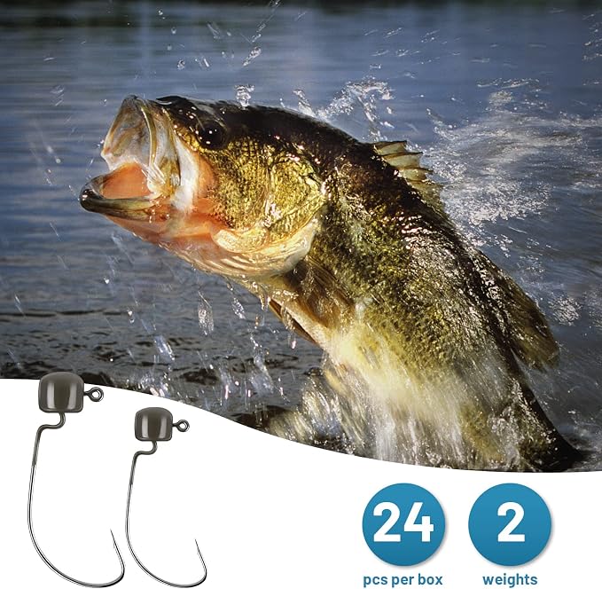 MadBite by KastKing Ned Rig Jig Heads for Soft Fishing Lures, 24-Pack Finesse Standard Mushroom Stand-up Ned Heads Kit, Needle Point Saltwater & Freshwater Versatility Ned Rig Hooks 1/8, 1/16, 3/16 oz