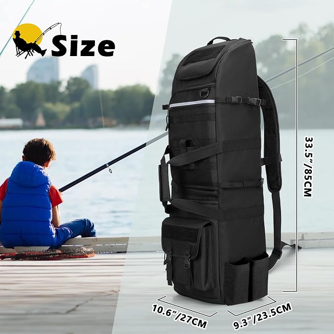 Rexmica Fishing Backpack Holds 8 Rods & Reels, Fishing Tackle Bag with Compartment for Tackle Boxes, Fishing Gear or Equipment, Fishing Rod Case Backpack, Fishing Pole Bag with Tactical Molle System