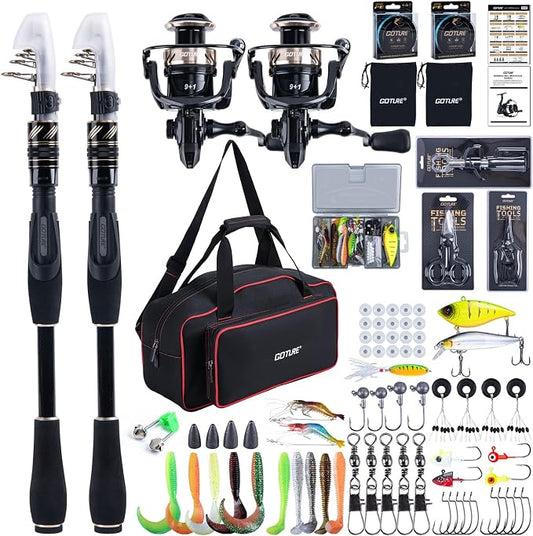 GOTURE Telescopic Fishing Rod and Reel Combos, Carbon Fiber Travel Fishing Pole, 9+1 BB Spinning Reel, Saltwater Freshwater Fishing Gear Kit with Braided Line, Lures, Carrier Bag for Bass Trout