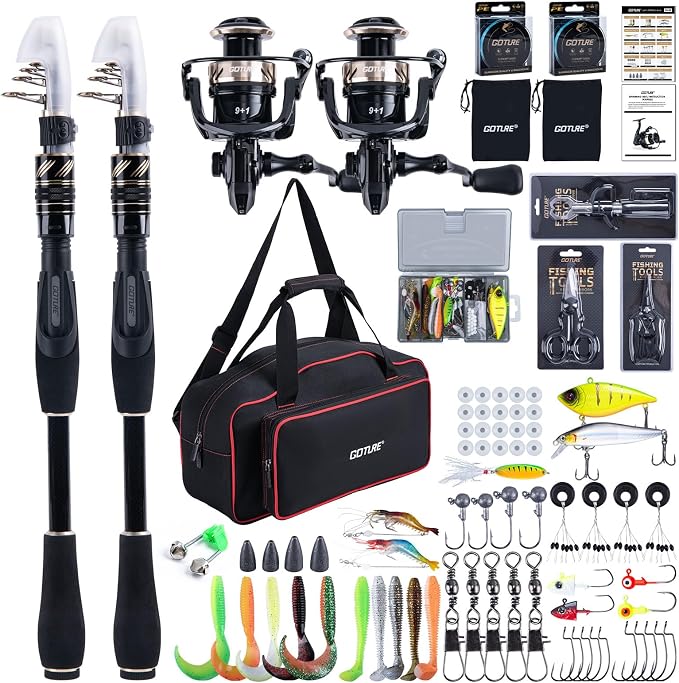 GOTURE Telescopic Fishing Rod and Reel Combos, Carbon Fiber Travel Fishing Pole, 9+1 BB Spinning Reel, Saltwater Freshwater Fishing Gear Kit with Braided Line, Lures, Carrier Bag for Bass Trout