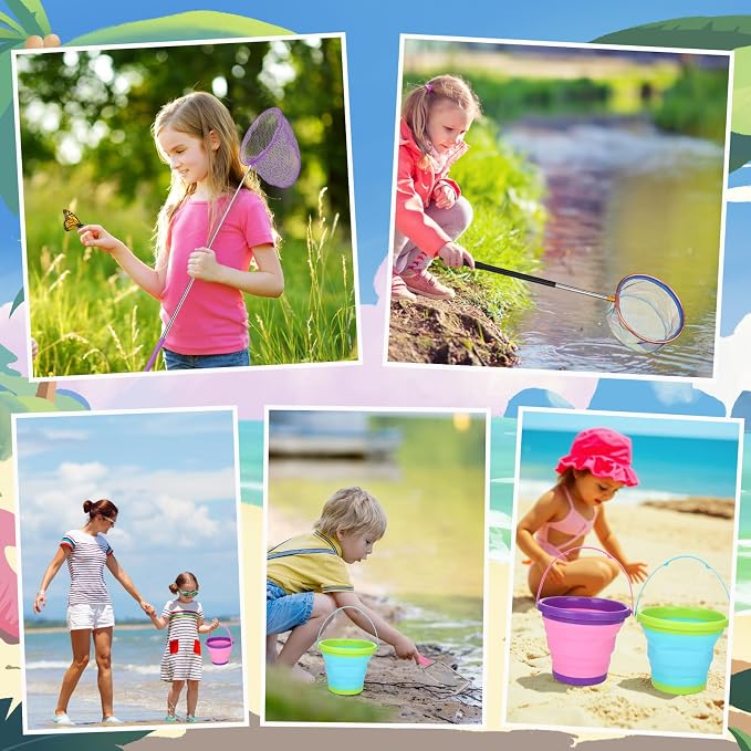 2 Pack Telescopic Kids Fishing Net with Handle, 2 Collapsible Bucket Sand Pail, Stainless Steel Foldable Fishing Net Small Fishing Butterfly Bug Net Beach Shovel with Storage Bag