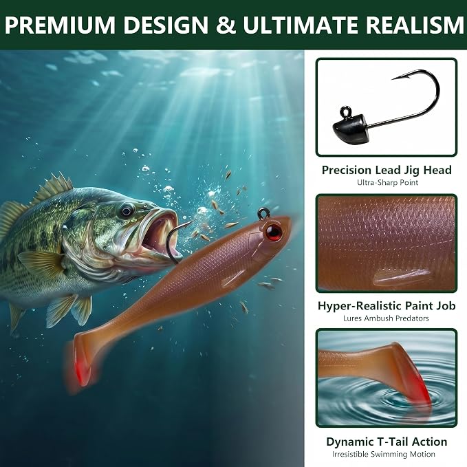 Soft Fishing Lures for Bass Fishing:Pre-Gigged Swim Baits for Saltwater or Freshwater.Soft Plastic Fishing Accessories.