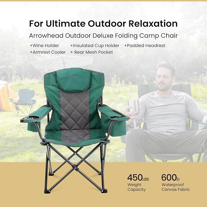 ARROWHEAD OUTDOOR 2-Pack Portable Deluxe Folding Camp Quad Chair w/Headrest, Glass & Cup Holders, Armest 6-can Cooler, Heavy Duty Carry Bag, 550 lbs Weight Capacity