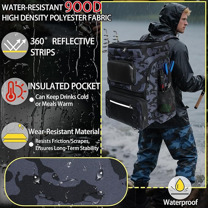 Fishing Backpack with Rod Holder X-Large 60L Tackle Gears Bag with Cooler for Storage Tackle Box and Fishing Accessories Stuff, Fish Gifts for Men Woman-Yellow Camo