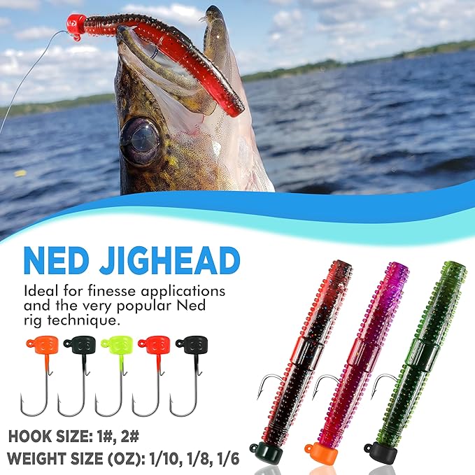 PLUSINNO Wacky Worm Fishing Lure Kit, Soft Plastic Fishing Lures, Grub Baits Hook Wacky Rig Bass Trout Fishing Worms Lures w/Tackle Box
