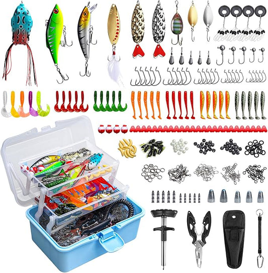 315PCS Portable Fishing Lures Tackle Box with Pliers & Hook Remover, 3-Tier Compact Organizer, Crankbaits/Swivels/Soft Baits, All-in-One Gear for Freshwater Saltwater
