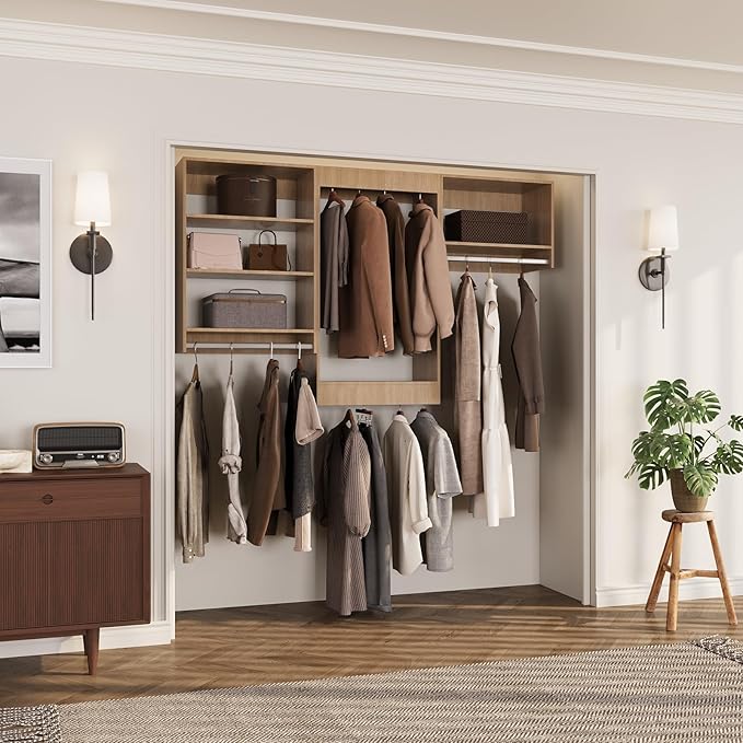 ROOMTEC Modular Closet System, 90" Closet Organizer with Hanging Rods, Wall-Mounted Wooden Tower for Walk-In Closets, Wardrobe Storage Kit, Wood